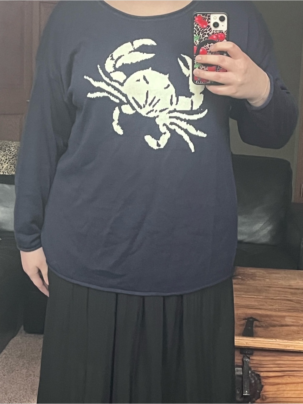 Belle by Kim Gravel Navy Blue Crewneck Sweater with Cream Crab Motif